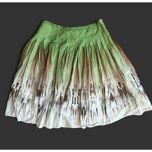 BCBG MaxAzira Medium Cotton Boho Green Brown Skater Pleated Midi Skirt